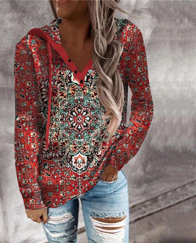 FallStil® - Rotes Mandala Print Kapuzen-Henley Sweatshirt mit langen Ärmeln