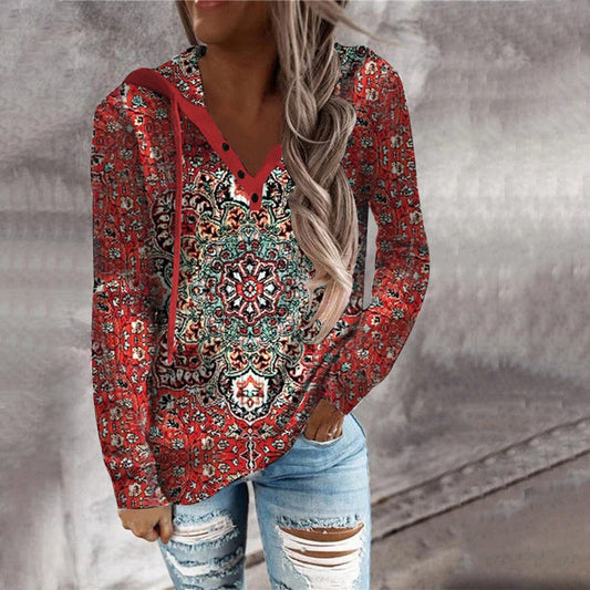 FallStil® - Rotes Mandala Print Kapuzen-Henley Sweatshirt mit langen Ärmeln