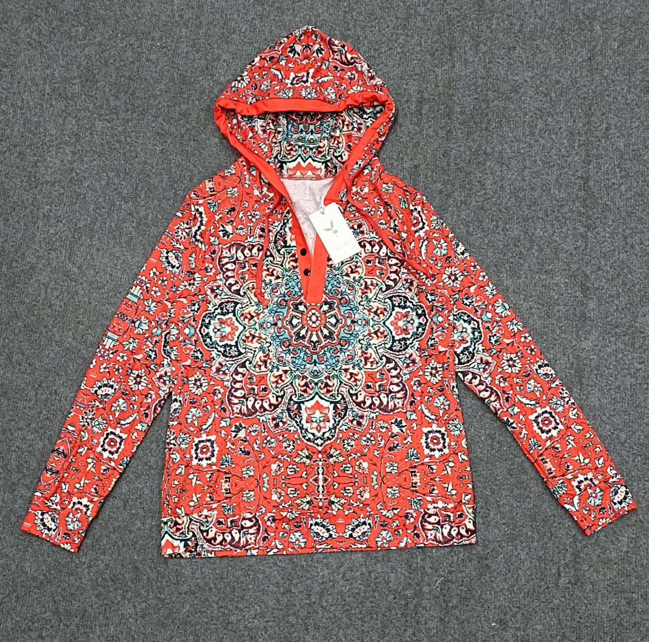 FallStil® - Rotes Mandala Print Kapuzen-Henley Sweatshirt mit langen Ärmeln