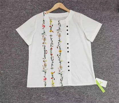 FallStil® - Weißes Floral Vine Kurzarm-Top mit Rundhalsausschnitt