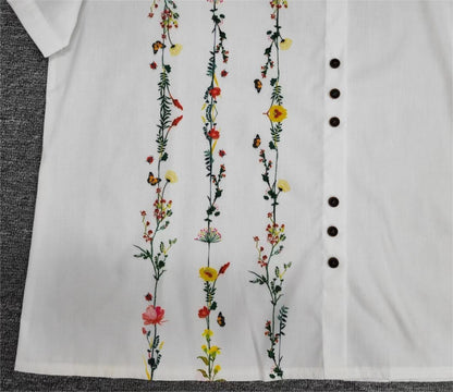 FallStil® - Weißes Floral Vine Kurzarm-Top mit Rundhalsausschnitt