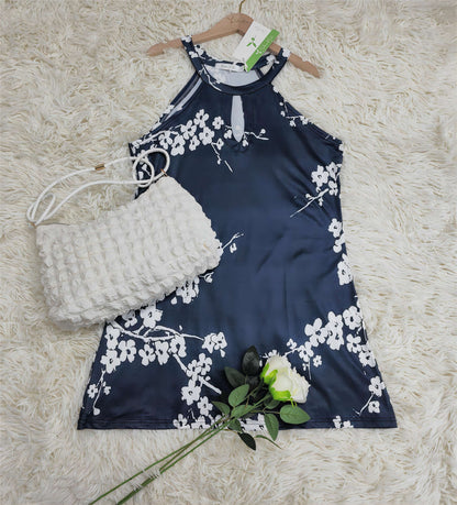 PureWear® - Weißes Cherry Blossom Navy Schlüssellochhalter-Minikleid