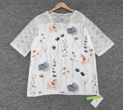 SpringStil® - Geospitze Mesh Floral Print Weiß ¾ Ärmel Top