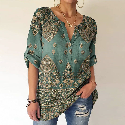 Even&Vil® -  Smaragd Salbei Grün Luxe Print Tunika Bluse Top