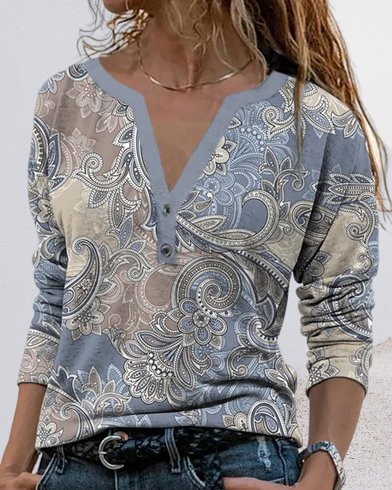 Langarmshirt mit V-Ausschnitt und Paisley-Muster