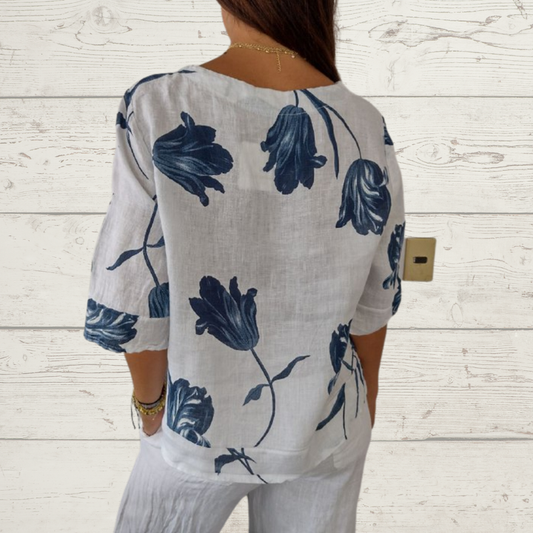 Clara - Marineblau bedruckte Bluse