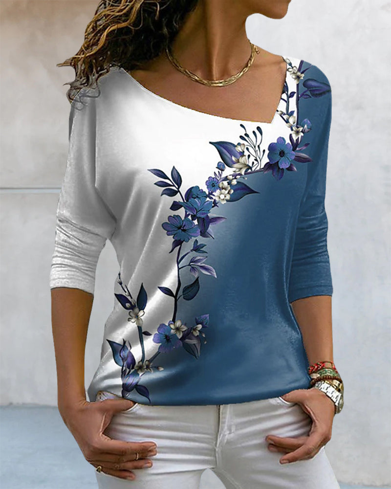 Langarmshirt mit Blumendruck und V-Ausschnitt