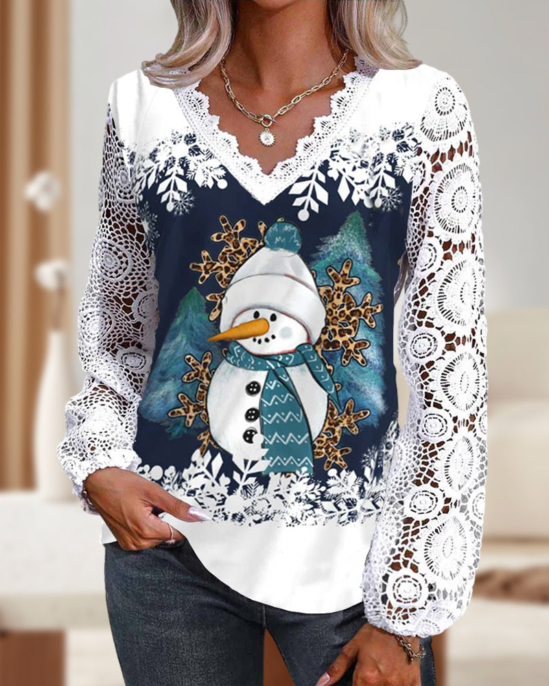 Bluse mit Spitzen- und Schneemannmuster