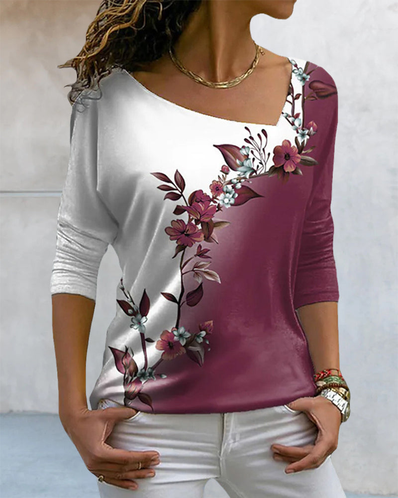 Langarmshirt mit Blumendruck und V-Ausschnitt