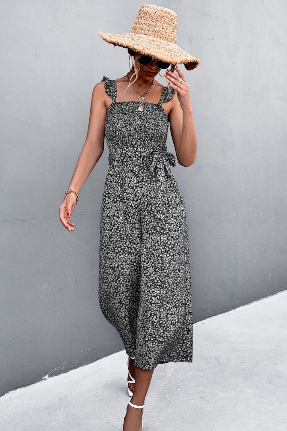 Amabel™ | Bedruckter Jumpsuit mit gerafften Trägern