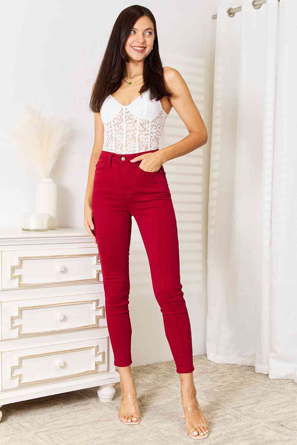 Samar - Hohe Taille Rote Skinny Jeans