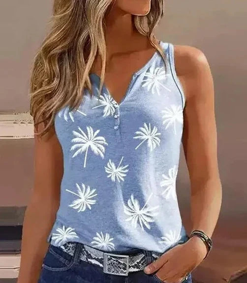 Nina - Blaues Tanktop mit Palmenprint