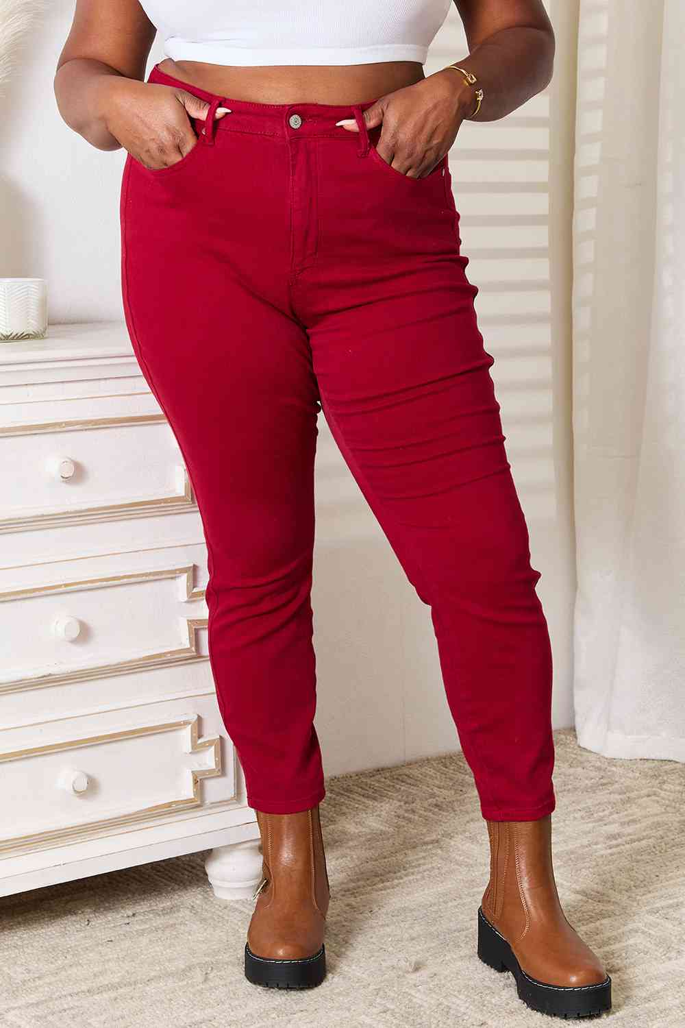 Samar - Hohe Taille Rote Skinny Jeans