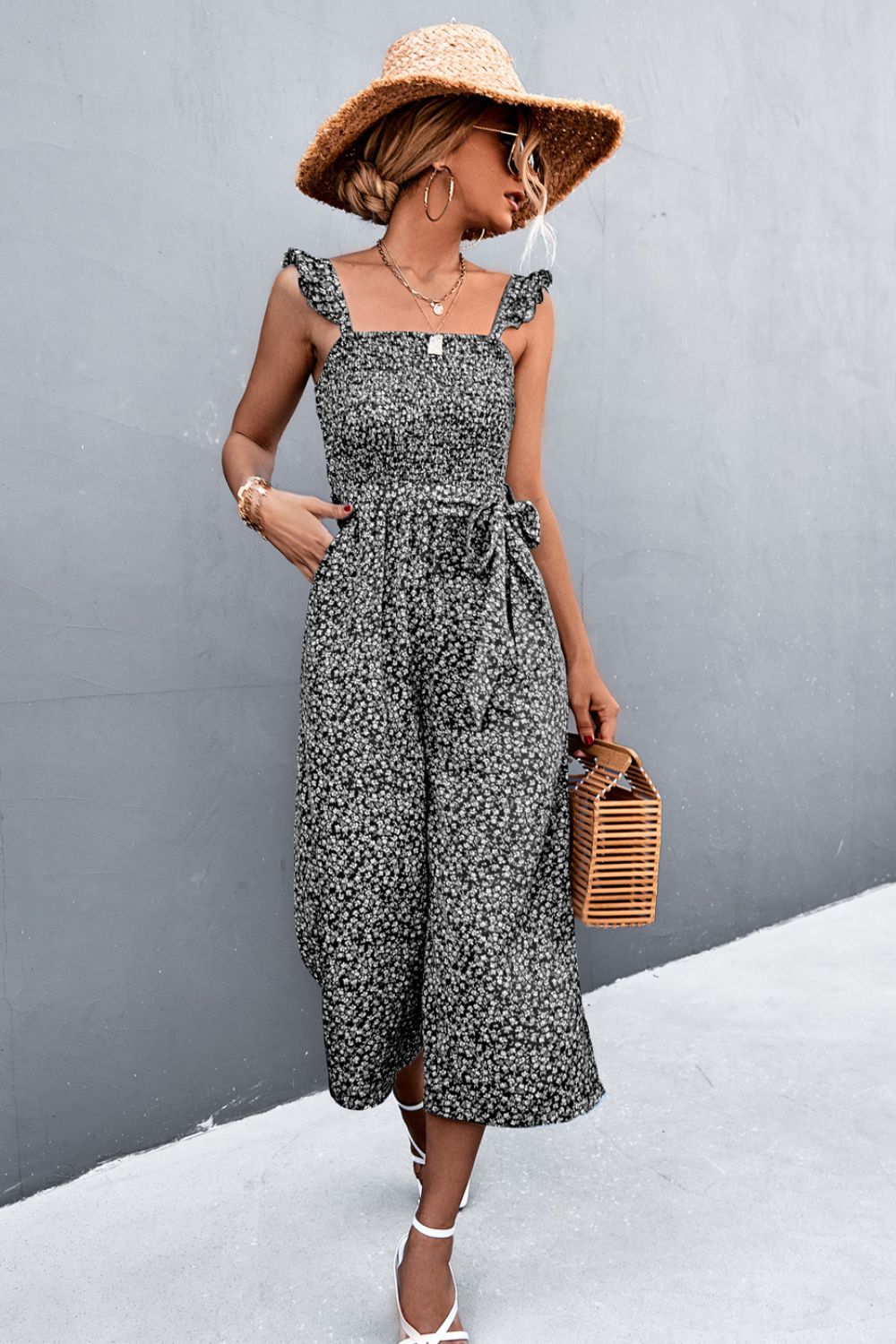 Amabel™ | Bedruckter Jumpsuit mit gerafften Trägern