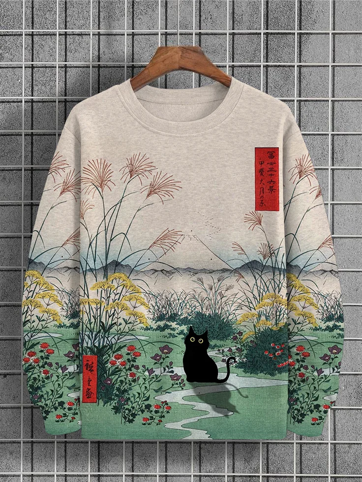 Japanisches Sweatshirt mit Katzenmotiv für Männer, Edo-Periode, Mt. Fuji