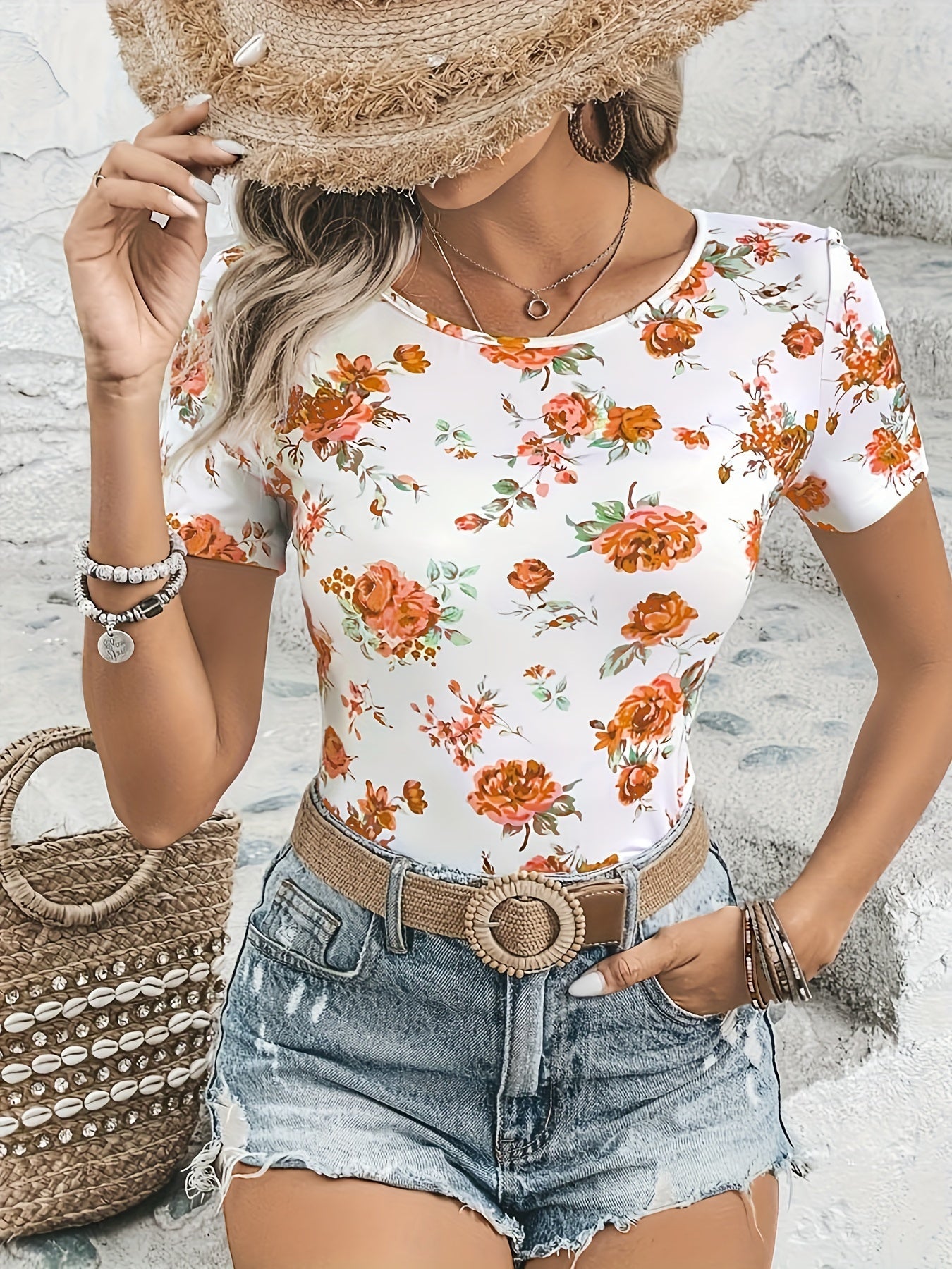 Weißes Blumen-T-Shirt - Lila