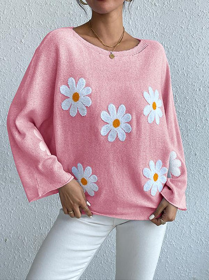 Mia – Blauer Blumenstickerei-Pullover