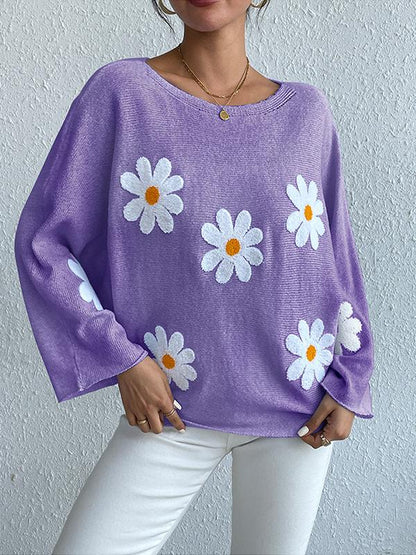 Mia – Blauer Blumenstickerei-Pullover