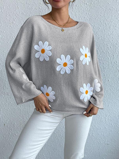 Mia – Blauer Blumenstickerei-Pullover