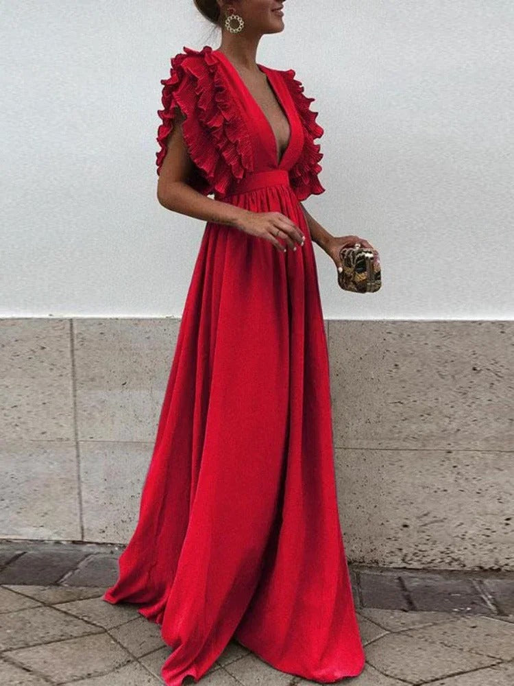 Helena - Elegantes Kleid mit V-Ausschnitt und Rüschenärmeln